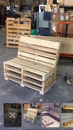 a bench made out of wooden pallets in a warehouse