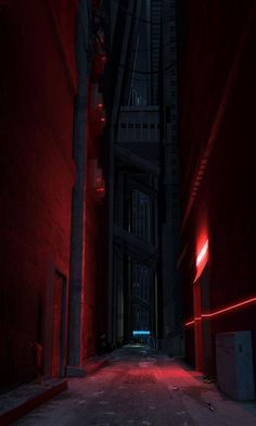 an empty alley with red lights on the side