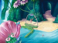 a fairy tale scene with pink flowers and a green frog in the water next to a waterfall