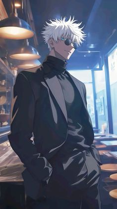 an anime character with white hair standing in front of a counter and looking off to the side