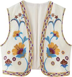 Yimoon Women's Vintage Floral Embroidered Vest Boho Casual Open Front Sleeveless Cardigan Waistcoat(Yellow-L), Large Cropped Waistcoat, Y2k Cardigan, Embroidered Vest, Emb Designs, Boho Y2k, Vest Designs, Prom Dress Inspiration, Sleeveless Cardigan, Classy Work Outfits