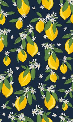 a pattern with lemons and flowers on a blue background