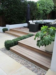 an outdoor patio with wooden steps and plants