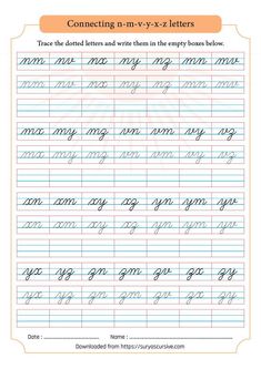 the handwriting worksheet for children to learn how to write and draw letters in curs