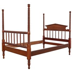 a wooden bed frame with four posts and two headboards on each side, in the shape of a double - post