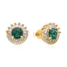 Step into a world of elegance with our Emerald Twilight Halo Stud Earrings, a harmonious fusion of distinctive shapes and mesmerizing sparkle. Carefully crafted in gold-plated sterling silver, these studs house a stunning green spinel at the center. This gem is surrounded by a uniquely designed halo, combining cubic zirconia baguettes on one half and a double row of round CZs on the other. Evoking the captivating allure of twilight, these earrings add an impressive touch of sophistication to any Gold Halo Design Jewelry For May Birthstone, Gold Jewelry With Halo Design For May Birthstone, Cubic Zirconia Plated Earrings, Plated Round Fine Jewelry Earrings, Gold Diamond Earrings For May Birthstone, Gold Emerald Diamond Earrings, Green Gold Plated Earrings For Anniversary, May Birthstone Cubic Zirconia Drop Earrings, Gift Green Diamond Earrings