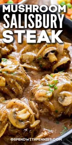 mushroom salisbury steak in a skillet with mushrooms and gravy on the side