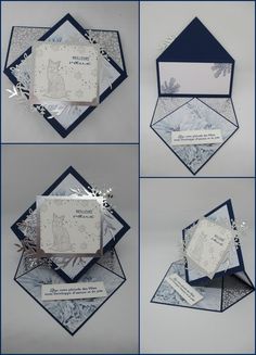 four different pictures of the inside of an origami card with snowflakes on it