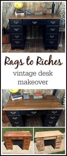 an old desk has been transformed into a vintage desk makeover with paint and wood