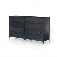 a black dresser with many drawers and knobs on the bottom drawer, against a white background