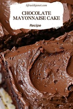 chocolate mayonnaise cake on a plate with text overlay