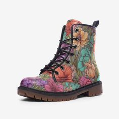 Styling & Versatility: 🌸🥾 Embrace the modern-meets-vintage vibe with our Boho floral combat boots. Designed for the fashion-forward individual, these boots perfectly blend the boldness of Y2K aesthetics with the rustic charm of cottage core. Whether you're channelling your inner 2000s diva or seeking that perfect floral touch for your nature-inspired look, these boots are your go-to. Features & Benefits:   Vegan Leather Material: Eco-friendly and durable, offering a stylish look without compro Trendy Martin Boots For Outdoor Spring Use, Trendy Martin Boots For Spring Outdoor, Casual Lace-up Mid-calf Boots For Spring, Fall Floral Print Boots With Round Toe, Lace-up Martin Boots For Spring Streetwear, Spring Streetwear Lace-up Martin Boots, Spring Casual High Ankle Moto Boots, Spring Outdoor Ankle Martin Boots, Ankle-high Lace-up Boots For Spring Streetwear