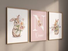 three framed art prints on the wall with flowers and bunny's initial letter n