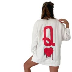 DESCRIPTION Oversized white sweatshirt. Queen of Hearts painted in black, on back, in large, in red with black outline & drip effect. Mini hearts embroidered on each sleeve Signed @wrenandglory. Due to each piece being hand painted, each piece might have slight differences. Limited edition. FIT Comfy, slouchy fit. Sleeves hit a little above wrist. ONE SIZE FITS MOST. Measurements: Chest width 20" Hem width 22" Sleeve length 18" Front length 24 1/2" Back length 27 1/2" DESIGNER'S NOTES Everyone n Oversized Heart Graphic Top For Streetwear, Oversized Tops With Heart Graphic For Streetwear, Oversized Long Sleeve Top With Heart Graphic, Long Sleeve Sweatshirt With Heart Graphic For Streetwear, Fall Streetwear Top With Heart Graphic, Casual Oversized Sweatshirt With Heart Graphic, Oversized White Sweatshirt, Painted Sweatshirt, Casual Comfy Outfit