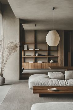 a living room filled with furniture next to a wall mounted book shelf and a large window