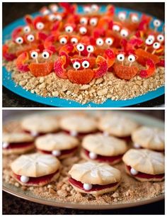 some food that is on top of a plate and in the bottom there are cookies with googly eyes