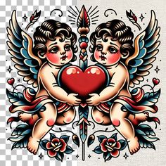 two cherubs holding a heart with wings and roses on them, both in different colors