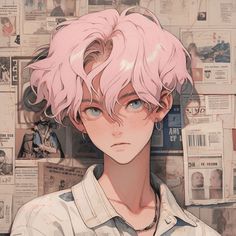 an anime character with pink hair standing in front of a wall full of newspaper clippings