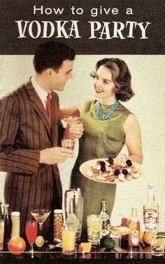 an advertisement for vodka party with a man and woman standing next to each other holding drinks