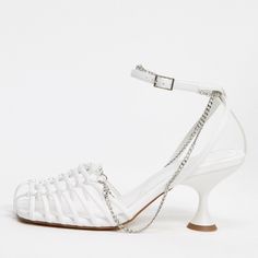 Asos Size 7 White Damaged Box White Chain Strap Heels For Summer, White Summer Heels With Chain Strap, Summer White Heels With Chain Strap, Spring Ankle Strap Heels With Chain Detail, Spring Ankle Strap Heels With Chain, Spring Evening Heels With Chain Detail, Spring Synthetic Heels With Chain Strap, Trendy Summer Heels With Chain, Asos Shoes