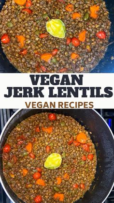 vegan lentils in a skillet with carrots and green beans