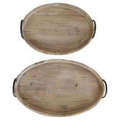 two round wooden trays with handles on each side, one is empty and the other has