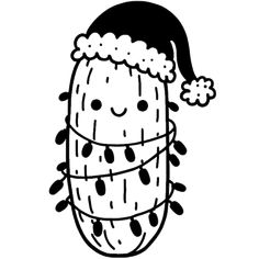 a black and white drawing of a cactus wearing a santa hat with snowflakes