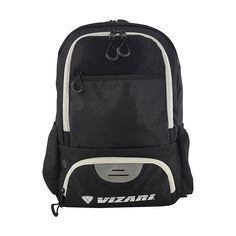 a black and white backpack with the word vulcan on it's front pocket is shown