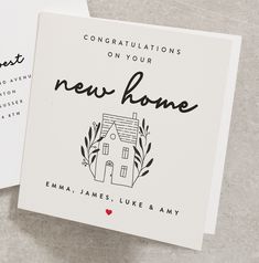 two new home cards with the words congratulationss on them