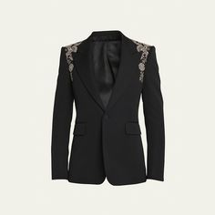 Alexander McQueen tuxedo jacket with floral embroidered harness  Peak lapels Single-button closure Hip flap pockets Four-button cuffs Center back vent Wool Dry clean Made in Italy Designer Semi-formal Embellished Blazer, Luxury Formal Outerwear With Floral Embroidery, Tailored Embellished Blazer For Semi-formal Occasions, Luxury Floral Embroidered Formal Outerwear, Luxury Floral Embroidery Formal Outerwear, Luxury Embellished Long Sleeve Tuxedo, Elegant Party Blazer With Floral Embroidery, Formal Tailored Blazer With Floral Embroidery, Formal Fall Embroidered Blazer