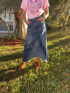 High Rise Denim Midi Skirt with Pockets, Button and Zip Fly and Cutoff Fringed Asymmetric Hem. 70% Cotton, 28% Polyester, 2% Spandex. Shortest length 27" full length 36" Runs Small (please choose according to your size number) Small (0/2) Medium (4/6) Large (8/10) Asymmetrical Medium Wash Denim Skirt, Relaxed Full Length Denim Skirt In Medium Wash, Medium Wash Full Length Relaxed Denim Skirt, Dark Wash Denim Asymmetrical Skirt, Casual Medium Wash Full-length Maxi Skirt, Casual Medium Wash Full Length Maxi Skirt, Spring Denim Skirt In Dark Wash With Unfinished Hem, Summer Full-length Skirt With Frayed Hem, Summer Full Length Skirt With Frayed Hem