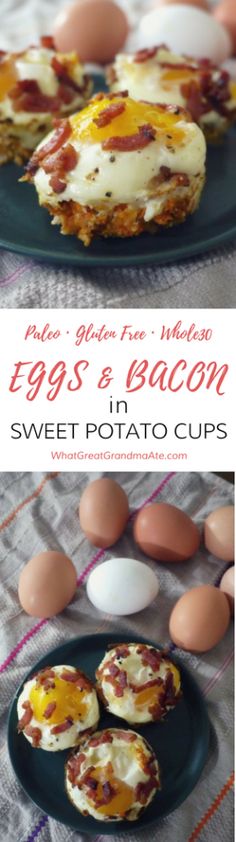 eggs and bacon in sweet potato cups on a plate with the title overlaying