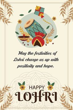 a happy lohrii day greeting card with an image of a kite and flowers