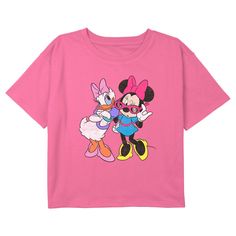 Who knew that dressing "mousey" could be so cute!? Celebrate Walt Disney's most iconic character with this officially licensed Disney Mickey Mouse and Friends Daisy Duck and Minnie Mouse Sunglasses Girls' Graphic Cropped T-Shirt. This adorable tee features a distressed graphic of Daisy Duck and Minnie Mouse winking while wearing sunglasses across the front. Add this tee to your Disney collection for the perfect style on your next trip to Disneyland! Playful Cartoon Print T-shirt For Disney Trips, Disney Minnie Mouse Pink T-shirt, Cute Minnie Mouse Top For Disney Trips, Cute Minnie Mouse Tops For Disney Trips, Disney Minnie Mouse Summer Tops, Playful Character Print T-shirt For Disney Trips, Playful Pink Top For Disney Fan Events, Cute Minnie Mouse T-shirt For Summer, Cute Character Print T-shirt For Disney Fan Events