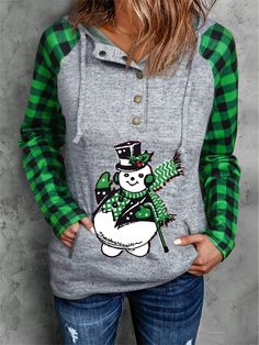 Add some cozy Christmas vibes to your wardrobe with our Snowman Plaid Print Raglan Sleeve Drawstring Hoodie. Featuring a festive snowman and plaid print, this hoodie is perfect for staying warm and stylish during the holiday season. The drawstring hood allows for a customized fit, making it your new go-to piece for chilly days. Casual Long Sleeve Hoodie For Holiday, Casual Long Sleeve Holiday Hoodie, Plaid Long Sleeve Hoodie For Winter, Holiday Long Sleeve Hoodie For Fall, Casual Black Christmas Hoodie, Christmas Long Sleeve Cotton Hoodie, Casual Plaid Sweatshirt For Winter, Casual Winter Hoodie For Holidays, Casual Winter Holiday Hoodie