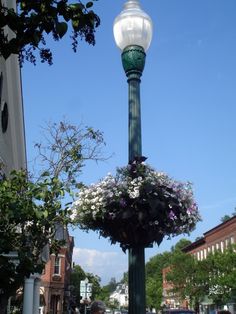 a lamp post with flowers hanging from it's sides