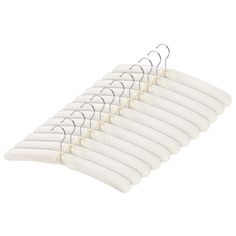 six white clothes hangers with black clips on each one side and five different sized ones in the middle