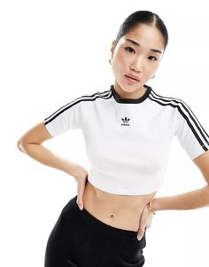 adidas Originals 3 stripe baby cropped T-shirt in white | ASOS Crop Top Blanco, Adidas Crop Top, Packing Clothes, Cropped T Shirt, Sporty Chic, Crop Tshirt, Adidas Originals, Stylish Outfits, Asos