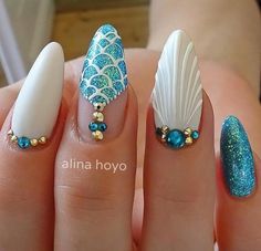 Long White Nails, Mermaid Nail Art, Mermaid Nails, Almond Nails Designs, Best Nail Art Designs, New Nail, Best Nail Art, New Nail Art, Pretty Nail Art