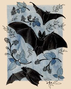 two bats are flying in the air with leaves and berries around them on a blue background