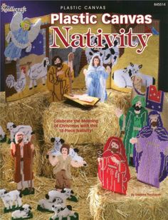 plastic canvas nativity book with pictures of people and animals on bales of hay