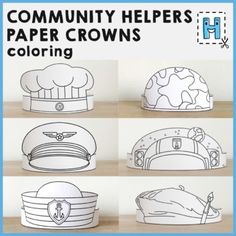 These community helper paper crowns are great for a fun school craft project.Your kids will love pretending to be any of these community helpers!Included:chef cook hat (for coloring)pilot cap (for coloring)sailor hat (for coloring)soldier helmet (for coloring)astronaut helmet (coloring)artist / painter hat (for coloring)Buy once and print as many times as you need.These paper crowns are ready to be printed, cut, and enjoyed.------------------------------------------------------------------------ Student Senate, Kids Birthday Party Crafts, Craft Birthday Party, Community Helpers Crafts, Community Helpers Preschool Activities, Camp Projects, Crown Printable, Community Helpers Theme, Community Helpers Preschool