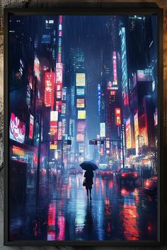 a person holding an umbrella walking in the rain at night with neon lights on buildings