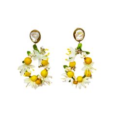 Charmeuse-wrapped lemons, yellow-tipped flowers and shiny crystals make up this floral hoop. Shiny Crystals, Floral Hoops, Earring Collection, Couture Jewelry, Nyc Fashion, Handcrafted Earrings, Bridal Pearls, Drops Design, Earrings Collection