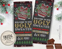 two personalized christmas candy bar wrappers with holiday sweaters on them and chocolate