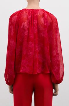 Delightful blooms brighten this charming semisheer top accented with fanciful frills. Ties at neck Long sleeves with elasticized cuffs 100% polyester Machine wash, line dry Imported Spring Red Blouse With Blouson Sleeves, Elegant Red Top With Blouson Sleeves, Tie Neck Top, Tie Neck Tops, Red Fits, Printed Ties, Nordstrom Store, Tie Neck, No Frills