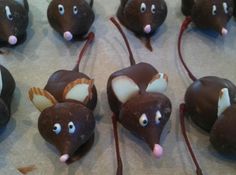 chocolate mice with eyes and noses on them