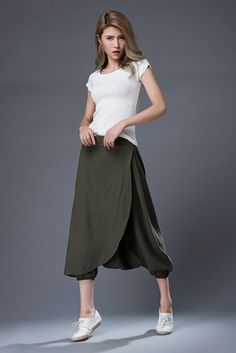 Green Linen Pants - Casual Comfortable Harem Style Modern Contemporary Womens Designer Pants C855 Green Non-stretch Long Skirt, Non-stretch Green Long Skirt, Khaki Wide-leg Harem Pants, Relaxed Fit Green Harem Pants, Solid Color Baggy Long Skirt, Spring Khaki Harem Pants With Elastic Waistband, Green Ankle-length Harem Pants For Summer, Khaki Harem Pants With Loosely Fitted Hips, Casual Green Long Skirt