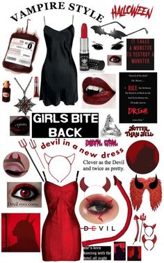 an advertisement for vampire style cosmetics with red lipstick and makeup accessories, including eyeliners,