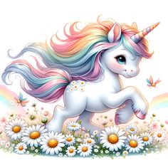 a unicorn is standing in the grass with daisies